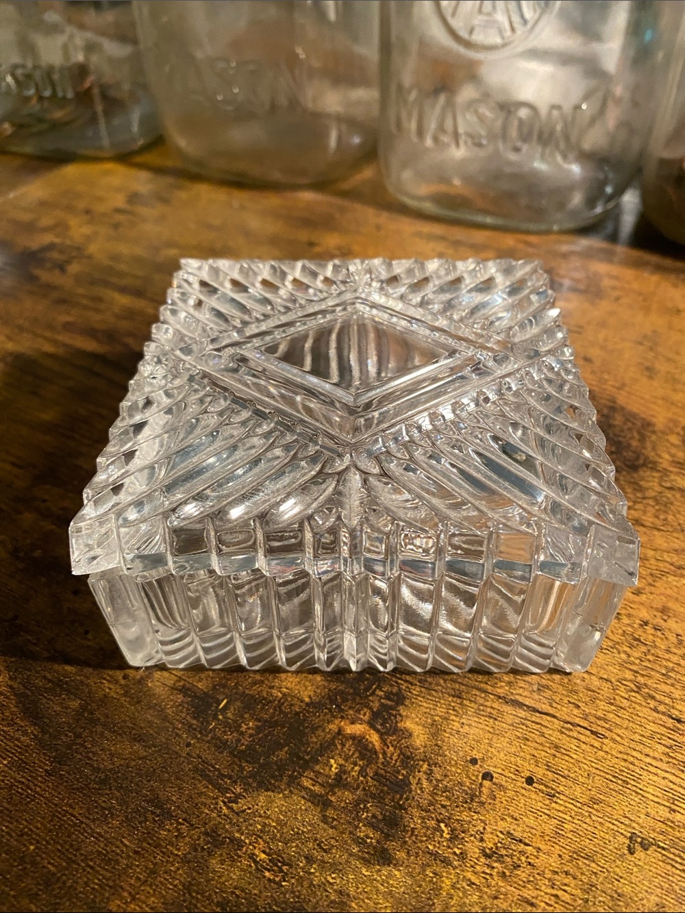 Noritake Prism Square Vintage Cut Clear Glass Jewelry Trinket Box